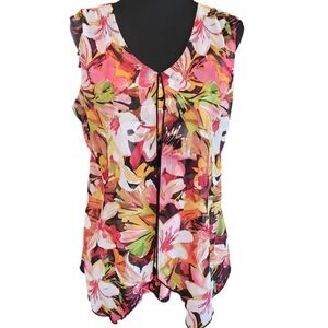 Adele & May Floral Sharkbite Hem Sleeveless Layered Top Pink‎ Orange Large